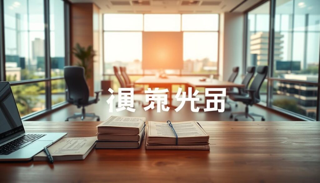 A serene, well-lit office interior showcasing the "資格取得支援制度" program. In the foreground, a wooden desk with a laptop, textbooks, and certificates prominently displayed, symbolizing the educational opportunities provided. The middle ground features ergonomic office chairs and a modern conference table, hinting at the professional development resources available. The background depicts floor-to-ceiling windows overlooking a lush, urban landscape, creating a calming, productive atmosphere. Warm, directional lighting casts a subtle glow, emphasizing the supportive, nurturing environment. The overall scene conveys a sense of progress, growth, and the company's commitment to the continuous education and advancement of its employees.