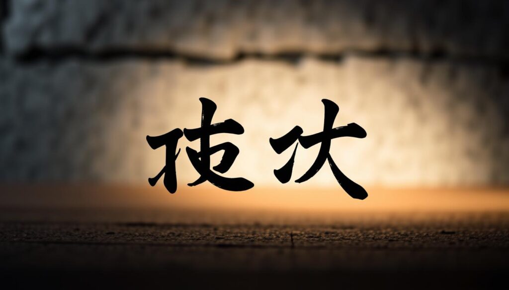A focused, high-contrast image of the Japanese characters "言語分野強化" against a blurred, textural background. The characters are rendered in a modern, clean calligraphic style, with a sense of depth and dimension. The lighting is dramatic, with a single strong light source casting long shadows and highlights that accentuate the strokes. The overall composition is balanced and centered, creating a sense of visual harmony. The mood is one of determination, clarity, and intellectual focus - reflecting the theme of strengthening language skills for career advancement.