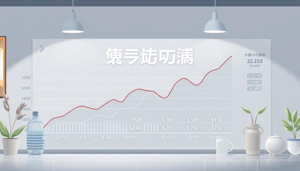 A well-lit, detailed illustration of "年収と給与" depicting a graph or chart showing income levels, salary ranges, and statistical data relevant to the job of a food coordinator in Japan. The scene should have a professional, analytical tone, with a clean, minimalist design featuring high-quality vector graphics and infographic elements. Employ a neutral color palette of grays, blues, and whites to convey an objective, data-driven perspective. Ensure the overall composition and visual style align with the subject matter and article context.