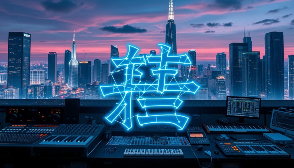 A highly detailed, cinematic image of the Japanese kanji character "スキル" (skill) rendered in a futuristic, digital style. The character is depicted in the foreground, glowing with an electric blue hue and surrounded by a grid of interconnected lines and circuits, symbolizing the technological and innovative nature of the skills required for a career as a music producer. In the middle ground, various music production tools and equipment such as mixing consoles, synthesizers, and computer screens are visible, suggesting the hands-on, technical aspects of the profession. The background features a sleek, minimalist cityscape with towering skyscrapers and a vibrant, neon-lit skyline, conveying the dynamic, fast-paced environment in which a successful music producer must thrive.