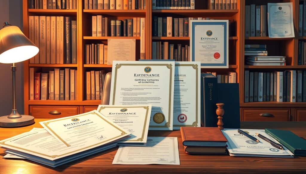 A professional, detailed illustration of "資格取得" for a consulting engineer. Centered in the frame, a desk with various certifications, licenses, and diplomas neatly arranged. The background shows a bookshelf filled with technical manuals and engineering references, casting a warm glow from a desk lamp. Soft, directional lighting accentuates the details of the qualifications, conveying a sense of accomplishment and expertise. The overall mood is one of diligence, expertise, and pride in one's professional achievements, reflecting the specialized knowledge required for a water and sewage consultant.
