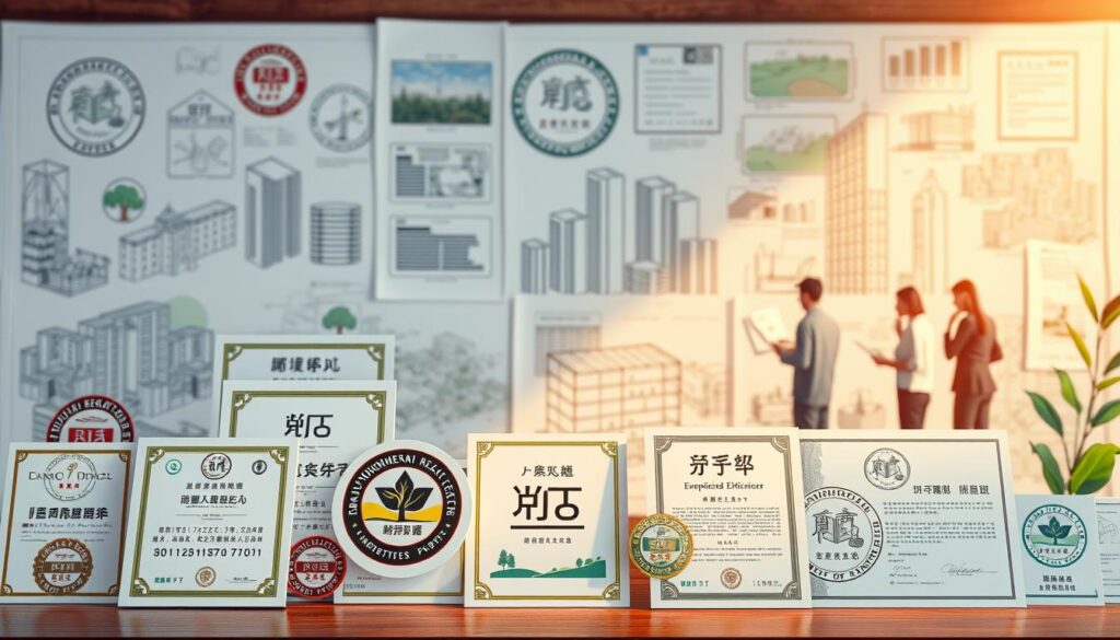 A detailed and technical illustration of "環境デザイン資格" showcasing various professional certifications and accreditations for environmental designers. The foreground features certificates, seals, and emblems representing different environmental design specialties such as sustainable architecture, landscape planning, and urban ecology. The middle ground depicts environmental designers studying or discussing these qualifications, set against a backdrop of architectural blueprints, landscape sketches, and urban planning diagrams. The lighting is warm and focused, emphasizing the prestige and importance of these credentials. The overall mood is one of expertise, professionalism, and a commitment to environmental stewardship.