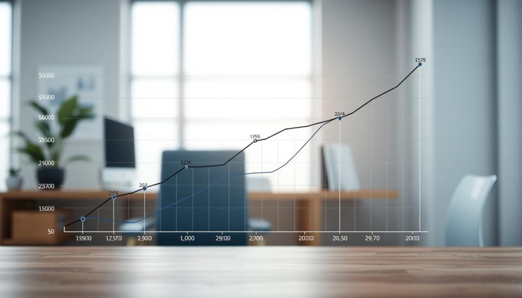 A detailed line graph depicting the "経験年数別年収推移" for a space information consultant. The graph occupies the central foreground, with clean axes and labels clearly marking the data points. The background is a subtly textured office setting, suggesting a professional, analytical atmosphere. The lighting is soft and natural, with gentle shadows adding depth. The overall mood is one of insightful data visualization, inviting the viewer to explore the financial progression of this specialized career path.