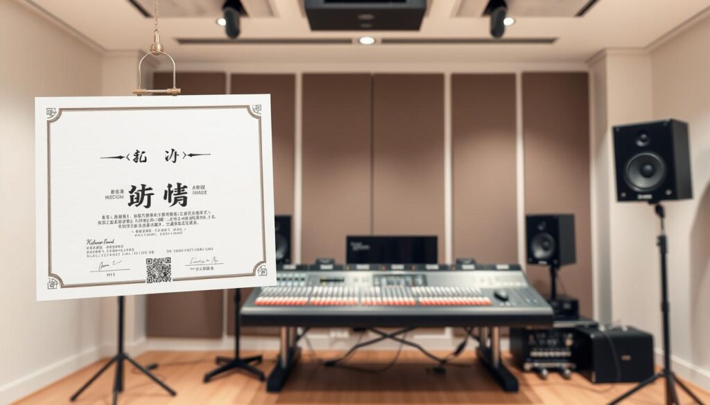 A professional-looking image of the "音響制作の資格" credential. A well-designed certificate or diploma floating in the foreground, with a clean white background. The document features elegant typography, a formal seal or emblem, and a subtle textured paper effect. In the middle ground, high-quality audio equipment such as microphones, mixing consoles, and speakers are arranged in a stylish, minimalist composition. The background showcases a recording studio or sound engineering workspace, with subtle lighting, clean lines, and a sense of technical sophistication. The overall mood is one of achievement, expertise, and the specialized skills required for audio production.