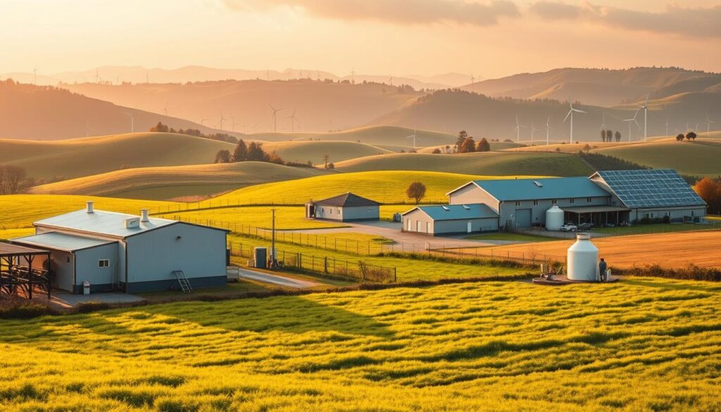 A pastoral landscape depicting the concept of "6次産業化" in Japan's dairy farming industry. In the foreground, a family-owned dairy farm with a modern milking parlor and well-tended fields of lush green grass. In the middle ground, a small processing facility where the farm's milk is transformed into high-quality dairy products like cheese, yogurt, and ice cream. In the background, rolling hills dotted with wind turbines and solar panels, symbolizing the integration of renewable energy. The scene is bathed in warm, golden afternoon light, conveying a sense of prosperity, sustainability, and the diversification of the dairy farmer's income streams.