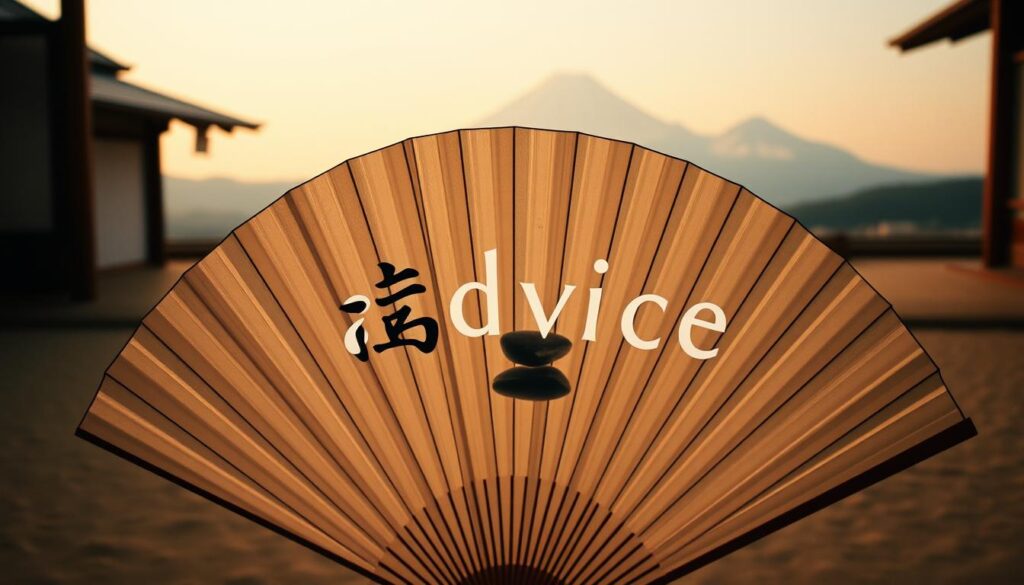A serene and contemplative scene depicting the Japanese word "アドバイス" (advice) conveyed through thoughtful visual metaphors. In the foreground, an elegant Japanese fan opens to reveal the word, its delicate design and flowing lines evoking the considered nature of offering guidance. The middle ground features a Zen garden with carefully raked sand and strategically placed stones, suggesting the meditative process of dispensing wisdom. In the background, a minimalist Japanese landscape with a distant Mount Fuji silhouette, communicating the broader cultural context. Warm, diffused lighting casts a soft glow, creating an atmosphere of tranquility and reflection. Captured with a medium-format film camera lens to achieve a sense of timelessness and artistic sensibility.