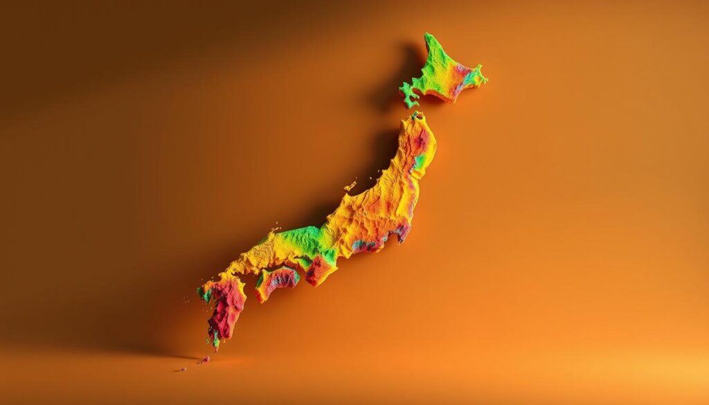 A comprehensive visualization of the "都道府県格差" across Japan, showcasing the stark disparities in wages and living standards. Against a muted, almost monochromatic backdrop, a detailed 3D map of the Japanese archipelago takes center stage, its topography rendered in high-fidelity detail. Vibrant colors undulate across the map, representing the fluctuating salary levels and cost of living in each prefecture, creating a dynamic, data-driven landscape. The scene is bathed in warm, directional lighting, casting subtle shadows that accentuate the depth and contours of the map. The overall composition conveys a sense of analytical clarity, inviting the viewer to study and interpret the underlying regional differences.
