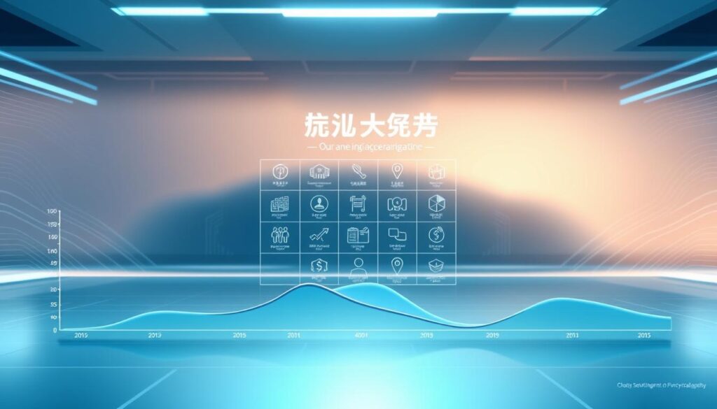 A futuristic infographic visualizing "年収の目安" with clean, minimalist aesthetics. In the foreground, a sleek line graph depicting income ranges across different career paths, rendered in a cool color palette of blues and grays. The middle ground features stylized icons and glyphs representing various job titles and levels of experience, arranged in a symmetric grid layout. The background has a subtle blend of warm and cool tones, with a sense of depth and motion created by elegant geometric patterns. Soft, directional lighting casts subtle shadows, emphasizing the three-dimensional feel. The overall composition is balanced, with a focus on conveying information through simplicity and elegance.