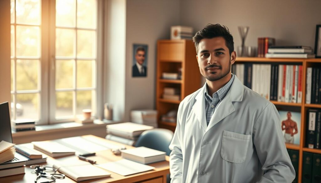 A serene, well-lit office setting with a professional整体師 standing in the foreground, dressed in a crisp white lab coat. Warm, natural lighting filters through large windows, casting a soft glow over the scene. On the desk, an array of medical instruments and reference materials suggest a focus on continuous learning and skill development. In the background, a bookshelf with titles on anatomy, sports medicine, and rehabilitation techniques conveys the整体師's dedication to their craft. The整体師's expression exudes confidence and expertise, hinting at the rewarding career path that lies ahead.