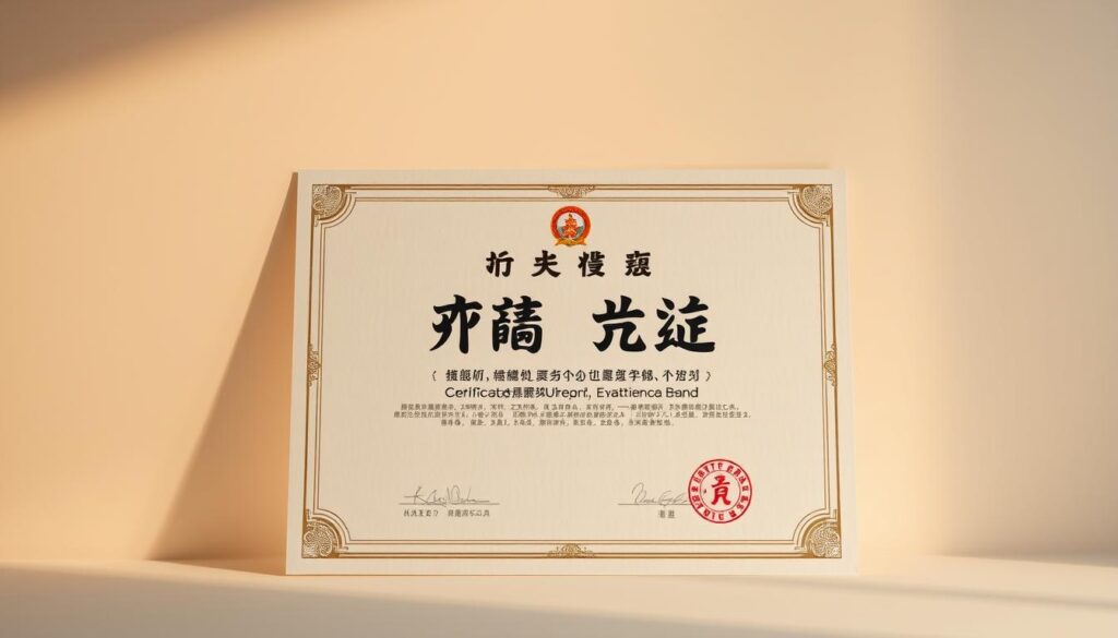 A detailed, official-looking certification document showcasing the "公認心理師国家資格" title against a clean, professional backdrop. The certificate is centered in the frame, with a subtle gradient or texture in the background to provide depth and a sense of authority. The design features formal calligraphic elements, seals, and stamps to convey the gravity and prestige of this national credential. Warm, directional lighting casts subtle shadows, accentuating the tactile quality of the paper and creating a sense of depth. The overall mood is one of seriousness, legitimacy, and institutional credibility.