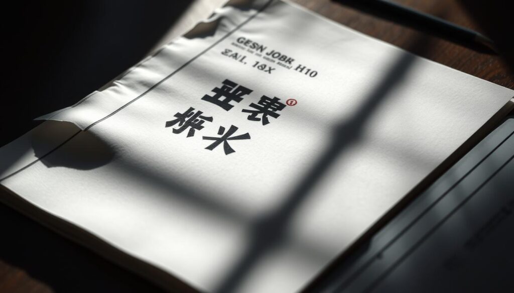 A tightly cropped, high-resolution photograph of an official tax document, the "源泉徴収票" (Gensen Chōshū Hyo), positioned prominently in the center of the frame. The document's surface reflects the harsh glare of studio lighting, casting dramatic shadows that imbue the scene with a sense of unease and vulnerability. The paper's corners are slightly crumpled, hinting at the document's fragility and the personal stakes involved. The background is blurred, keeping the focus solely on the troubling implications of this seemingly innocuous form. The overall mood is one of tension and apprehension, reflecting the risks of having one's private financial information exposed during a job transition.