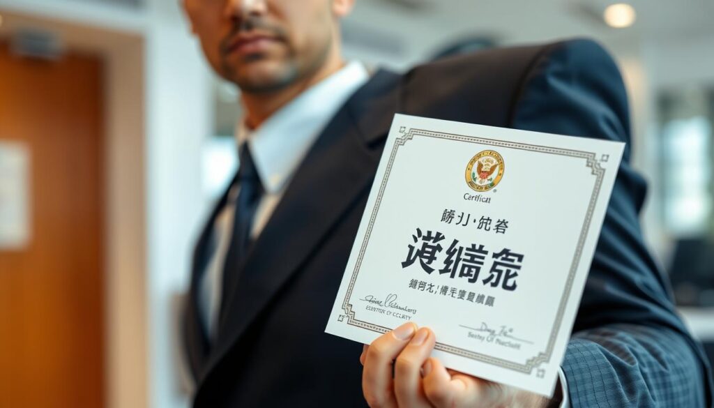 A highly detailed, photo-realistic image of a "警備業務検定" certificate in the foreground, held by the hand of a security guard in a formal uniform. The certificate is crisp and clear, showcasing the official insignia and text in Japanese characters. The security guard's hand is positioned prominently, with a professional, serious expression on their face. The background is softly blurred, hinting at a workplace setting with subtle office furniture or architectural elements. The lighting is natural and flattering, creating depth and dimensionality. The overall mood is one of professionalism, authority, and the importance of certifications in the security industry.