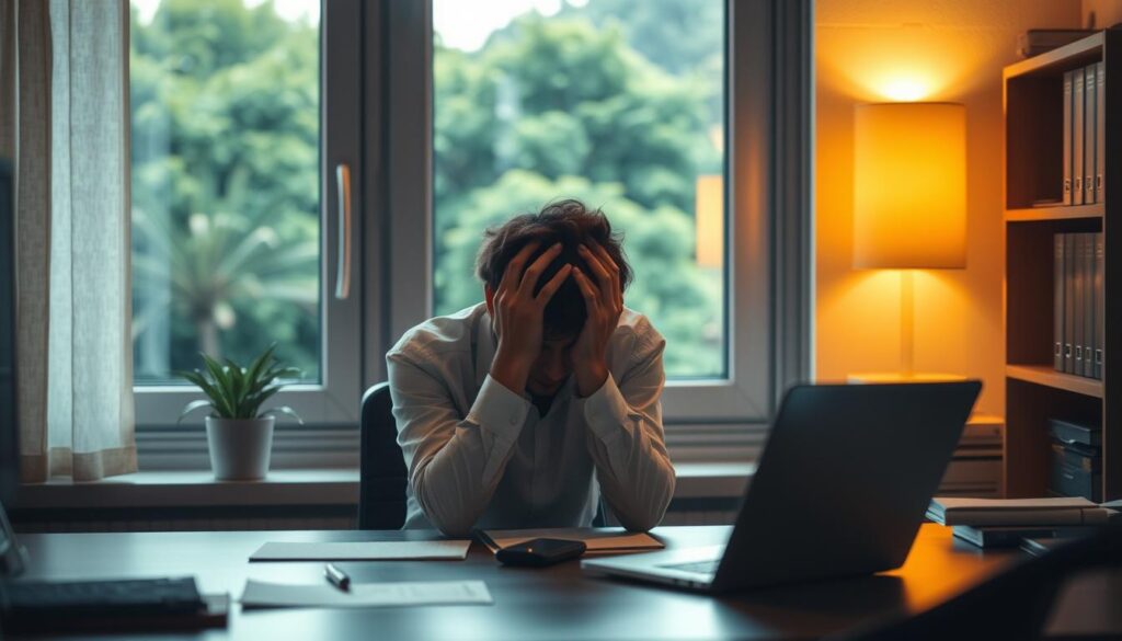 A tranquil office setting, with a weary ケースワーカー sitting at a desk, their head in their hands. Soft, warm lighting illuminates the scene, creating a contemplative atmosphere. In the background, a window offers a serene view of a lush, verdant landscape, hinting at the possibility of respite and rejuvenation. The composition emphasizes the figure's introspective pose, conveying the challenges and stress of their work, while the natural elements suggest strategies for managing these pressures, such as mindfulness, work-life balance, and self-care.