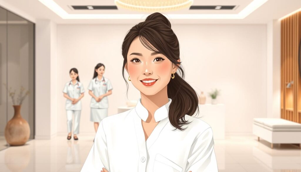 A well-lit, detailed illustration of an "エステティシャンのキャリアパス". A young female esthetician stands in the foreground, dressed in a crisp white uniform, with a warm, professional expression. Behind her, a series of career progression steps unfold - from an entry-level esthetician, to a senior spa technician, then a spa manager, and finally a renowned skincare brand consultant. The background showcases a modern, minimalist spa setting with sleek, clean lines, serene lighting, and soothing natural elements like stone and wood. The overall mood is one of aspiration, growth, and the rewarding path of an esthetician's career.