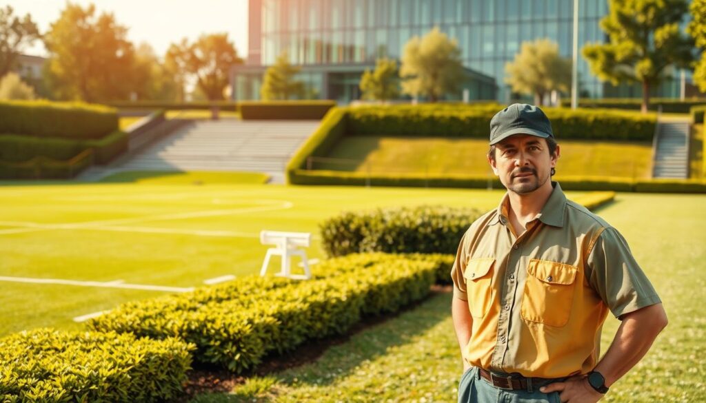 A vibrant, dynamic scene depicting the "キャリアアップの方法" for groundskeepers. In the foreground, a groundskeeper stands confidently, their uniform crisp and their posture exuding professionalism. The mid-ground features a well-manicured sports field, with lush, verdant grass and neatly-trimmed hedges, showcasing the groundskeeper's meticulous skills. In the background, a modern, glass-fronted office building symbolizes the path to career advancement, with a subtle staircase leading towards the entrance. Warm, natural lighting bathes the scene, creating a sense of optimism and growth. The overall composition conveys the groundskeeper's journey, from the hands-on work they excel at to the managerial opportunities that await them as they advance their career.