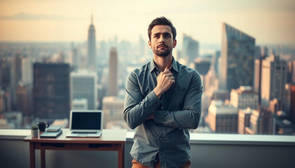 A 36-year-old professional standing at a career crossroads, their gaze filled with uncertainty yet determination. The foreground depicts the individual contemplating their options, hands thoughtfully clasped. In the middle ground, a desk with a laptop symbolizes their current work situation, while the background showcases a bustling city skyline, hinting at the possibilities that await. Soft, warm lighting illuminates the scene, creating an atmosphere of introspection and anticipation. The overall tone conveys the common challenges and considerations faced by those seeking a career change later in life.