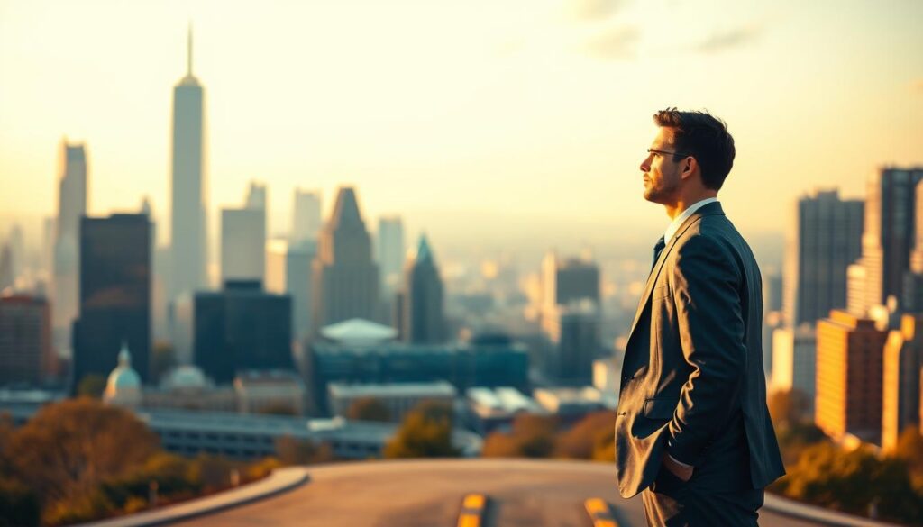 A 36-year-old professional standing at a crossroads, contemplating their next career move. In the foreground, the figure is dressed in a crisp, well-tailored suit, conveying a sense of confidence and determination. The middle ground features a bustling cityscape, skyscrapers, and a thriving business district, hinting at the vast opportunities awaiting. The background is softly blurred, creating a dreamlike atmosphere, as the individual imagines the possibilities of a new chapter. The lighting is warm and golden, evoking a sense of optimism and growth. Subtle hints of anxiety and uncertainty are balanced by a steely resolve, reflecting the challenges and opportunities of a midlife career transition.