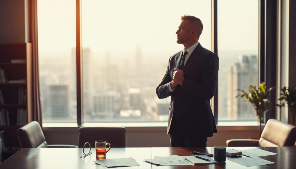 A 36-year-old professional stands at a crossroads, contemplating their career path. The scene depicts a well-appointed office, with a large window overlooking a bustling cityscape. Warm, natural lighting filters in, casting a pensive mood. The individual, dressed in a sharp suit, appears deep in thought, hands clasped, gaze fixed on the horizon, weighing the decision to embark on a new professional journey. The background is softly blurred, drawing the viewer's attention to the figure, symbolizing the introspective nature of this career transition. Subtle details, such as a half-empty coffee mug and scattered documents, suggest the weight of the decision. The overall composition conveys a sense of contemplation, ambition, and the opportunity for personal and professional growth.