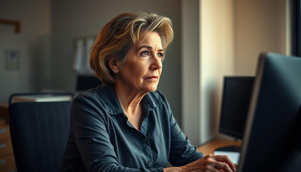 A 50-year-old woman sits at her desk, thoughtfully gazing out the window. Soft, warm lighting illuminates her face, hinting at the contemplative mood. The background is a serene office setting, with minimal clutter and muted tones, allowing the subject to be the focal point. Her brow is furrowed, suggesting the weight of her decision to consider a career change. The image conveys a sense of introspection and the courage required to embark on a new professional path in the prime of one's life.