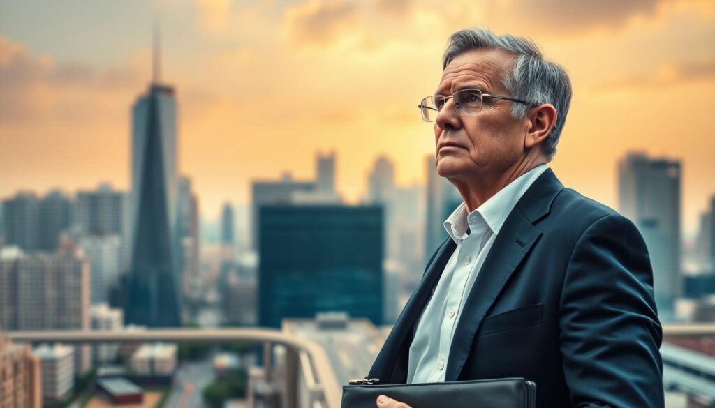 A 56-year-old man contemplates his next career move, standing at a crossroads with determination etched on his face. The foreground depicts him in a crisp suit, holding a briefcase, his gaze fixed with resolute focus. The middle ground showcases an urban landscape, skyscrapers and office buildings suggesting the challenges of the job market. In the background, a warm, golden-hued sky casts a hopeful glow, symbolizing the opportunities that await. Soft, directional lighting accentuates the man's features, creating a sense of gravity and seriousness. The scene conveys the complexity of a 56-year-old's job search, the perseverance required, and the potential for success.