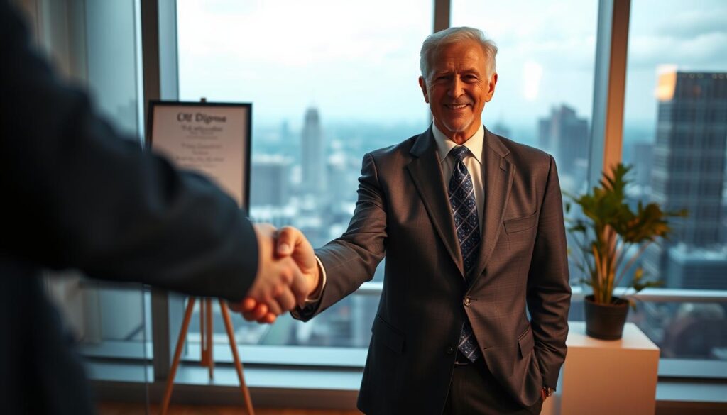A 56-year-old professional in a crisp suit, standing confidently in a well-lit modern office. In the foreground, a handshake symbolizes their successful career transition. The middle ground features a framed diploma, suggesting their dedication to lifelong learning. The background showcases a panoramic city skyline, conveying a sense of newfound opportunity. The lighting is warm and inviting, capturing the subject's sense of pride and accomplishment. The angle is slightly elevated, creating an empowering, inspirational perspective. The overall mood is one of triumph, resilience, and a renewed zest for the future.