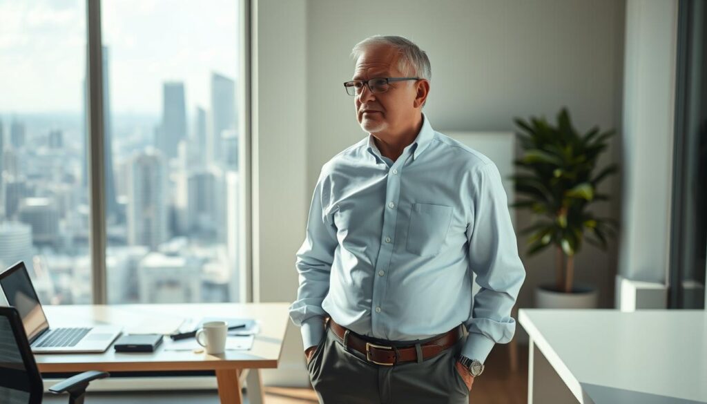 A 56-year-old professional, standing confidently in a well-lit office, contemplating their next career move. The foreground features the person, dressed in a crisp button-down shirt and slacks, their expression exuding determination. The middle ground showcases a desk with a laptop, notes, and a cup of coffee, hinting at the preparation and research they have undertaken. The background reveals a view of a bustling city skyline, symbolizing the exciting possibilities that lie ahead. The overall atmosphere conveys a sense of focus, ambition, and a willingness to take on new challenges at this stage of their life.