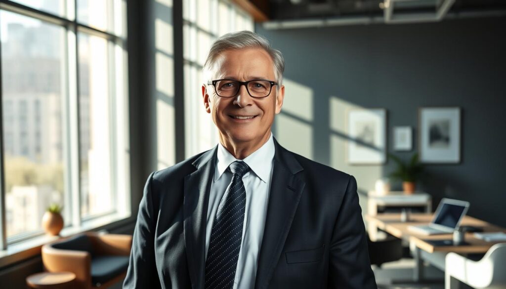 A 58-year-old professional standing confidently in a modern office, dressed in a sharp suit and tie. Their face is illuminated by natural light streaming through large windows, exuding a sense of success and experience. In the background, sleek furniture and minimalist decor create a sophisticated atmosphere, while a desk with a laptop and documents suggests an active career transition. The lighting is soft and directional, casting subtle shadows that accentuate the subject's features and convey a sense of determination and focus. The overall scene radiates a palpable feeling of achievement, embodying the triumph of a late-career reinvention.