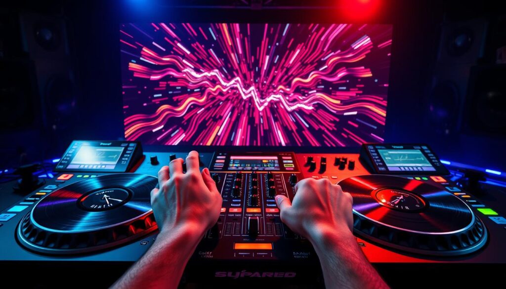 A DJ's essential skills: a dynamic turntable setup, with sleek vinyl records and professional mixing equipment, all bathed in a vibrant, neon-infused lighting setup. The foreground showcases nimble hands manipulating the crossfader and pitch controls, while the middle ground features an array of cutting-edge digital interfaces and touch-sensitive controllers. In the background, a captivating, pulsing visualization of the music's rhythm and energy, reflecting the DJ's deep understanding of music theory and sound engineering. The overall scene conveys the technical mastery, creative expression, and immersive experience that define the art of DJing.