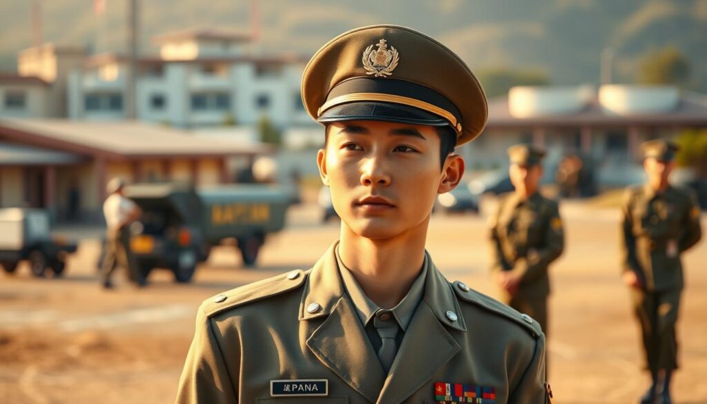 A Japanese Ground Self-Defense Force non-commissioned officer candidate standing at attention in a crisp military uniform, their face in sharp focus and expression determined. The background is a blurred military training ground, with buildings, vehicles, and other soldiers in the distance. Warm, natural lighting bathes the scene, creating a sense of discipline and professionalism. The composition is balanced, with the candidate positioned slightly off-center to create visual interest. The overall tone is one of dedication, responsibility, and the rigorous training required to become a Japan Self-Defense Forces non-commissioned officer.