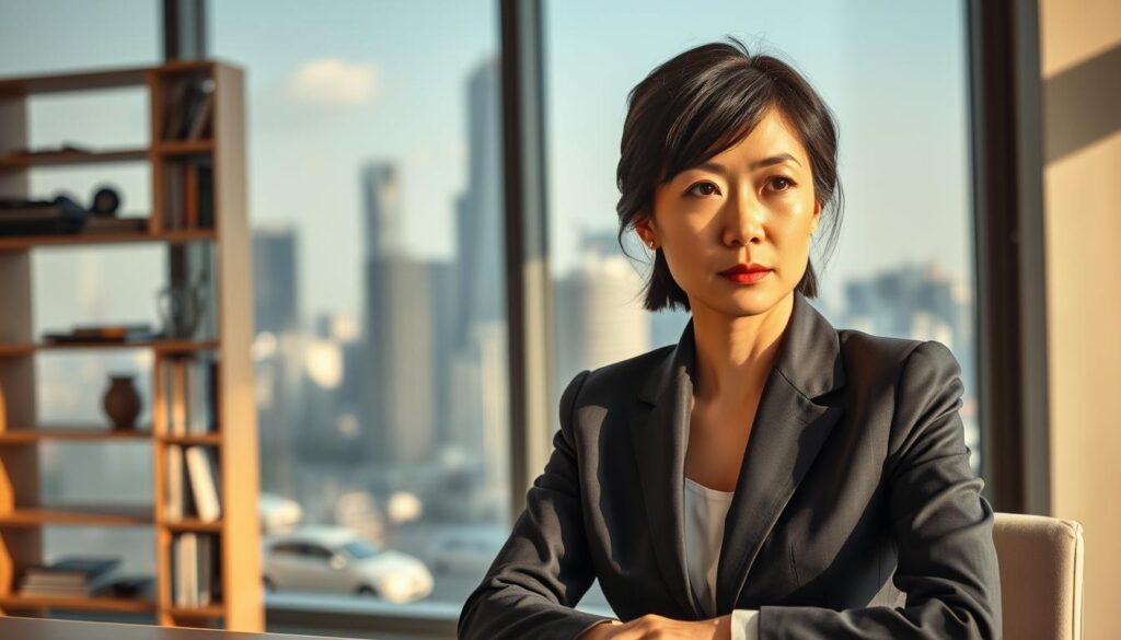 A Japanese businesswoman in a smart suit, sitting at a table in a modern office environment. The lighting is warm and natural, with soft shadows emphasizing the contours of her face. Behind her, a sleek, minimalist bookshelf and a large window overlooking a bustling city skyline. The woman's expression is pensive, as if deep in thought about her career and income as a professional facilitator. The overall mood is one of contemplation and success.