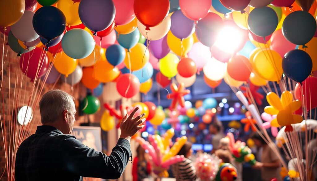 A balloon artist's workspace, bathed in warm studio lighting. Colorful balloons of various shapes and sizes float effortlessly, their surfaces reflecting the light. In the foreground, a skilled performer twists and sculpts the balloons, their hands moving with deft precision. The middle ground reveals a display of whimsical creations, from animal figurines to elaborate bouquets. The background suggests a bustling event or celebration, hinting at the high-energy environments where balloon artists often thrive. The overall scene conveys the creativity, artistry, and potential income of a talented balloon artist.