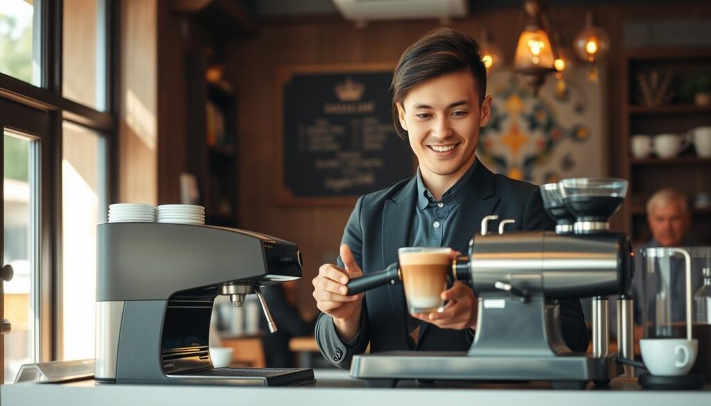 A barista with a warm, inviting demeanor standing behind a sleek, polished espresso machine in a cozy, well-lit café. The barista's hands move with practiced precision, crafting a perfect latte, their expression focused yet serene. The café's ambiance is enhanced by the rich aroma of freshly brewed coffee, the soft chatter of patrons, and natural light filtering through large windows. The barista's attire is smart and professional, reflecting their passion for their craft. The scene conveys a sense of calm, expertise, and the ability to provide a memorable coffee experience to customers.