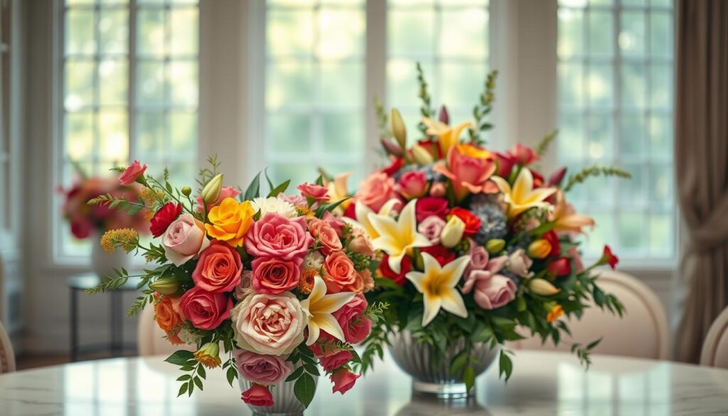 A beautifully arranged floral composition showcasing the artistry and creativity of a professional flower designer. In the foreground, a vibrant bouquet of lush, colorful blooms - roses, peonies, and lilies - cascading gracefully in a vase. The middle ground features an elegantly styled table setting, with the flowers as the centerpiece, complemented by understated, minimalist decor. The background has soft, natural lighting filtering through large windows, creating a serene, tranquil atmosphere. The entire scene exudes a sense of refined elegance and the designer's keen eye for balance, texture, and color harmony.