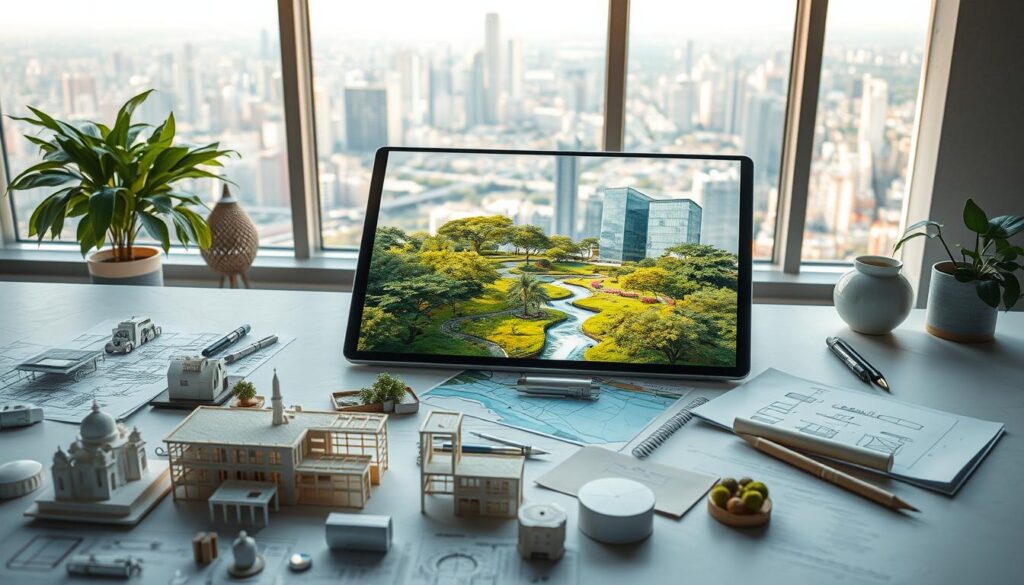 A beautifully crafted scene showcasing the diverse skills of an environmental designer. In the foreground, intricate architectural models and design sketches lay scattered across a minimalist workspace, conveying the meticulous attention to detail required. In the middle ground, a large tablet displays a digital rendering of a lush, sustainable landscape, complete with flowing water features and verdant foliage. The background depicts a panoramic window overlooking a bustling city, symbolizing the designer's ability to harmonize urban environments with nature. Warm, natural lighting casts a serene glow over the entire scene, creating a sense of balance and harmony. The composition masterfully blends the physical and digital tools of the trade, reflecting the multifaceted skillset of the modern environmental designer.