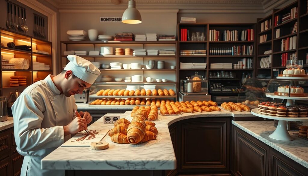 A beautifully lit interior of a classic patisserie, showcasing the process of pastry making. In the foreground, a skilled pâtissier in a crisp white uniform carefully piping intricate designs onto delicate pastries. In the middle ground, an array of meticulously arranged baked goods - flaky croissants, colorful macarons, and decadent cakes - displayed on marble countertops under warm, soft lighting. The background features a wall of shelves stocked with baking equipment, utensils, and reference books, suggesting the extensive education and training required to become a professional pâtissier. The overall scene conveys a sense of precision, artistry, and dedication to the craft of pastry making.