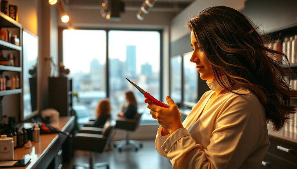 A beautifully lit portrait of a professional hairstylist in her workplace, surrounded by the tools of her trade. In the foreground, the hairstylist is captured mid-motion, scissors in hand, expertly cutting a client's hair with precision and artistry. The middle ground showcases a well-organized salon, with shelves of hair products, mirrors, and styling stations, all bathed in warm, flattering lighting. In the background, a serene view through a large window reveals the urban landscape outside, suggesting the hairstylist's connection to the vibrant community they serve. The overall scene conveys the skilled, creative, and personalized nature of the hairstylist's career path.