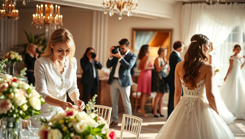 A beautifully lit scene depicting the multifaceted career paths within the wedding industry. In the foreground, a wedding planner meticulously arranges floral centerpieces, her focused expression reflecting the precision of her craft. In the middle ground, a talented photographer captures the elegant movements of a model in a flowing bridal gown, the scene bathed in soft, natural light. In the background, a team of makeup artists and stylists transform a bride, their collaborative efforts creating a vision of timeless beauty. The overall atmosphere exudes a sense of professionalism, creativity, and the dynamic opportunities available to those seeking a rewarding career in the wedding industry.