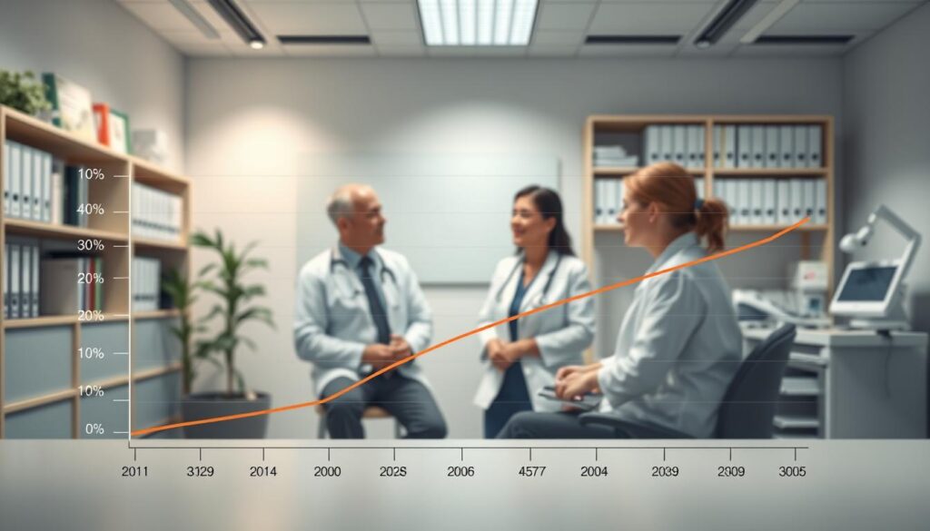 A beautifully rendered data visualization depicting the average annual salary of speech-language pathologists. The foreground features a clean, minimalist graph displaying the salary range, with crisp, legible numbers and axis labels. The middle ground showcases a trio of speech therapists in a modern, well-equipped office, engaged in thoughtful discussion. The background subtly conveys a sense of professionalism and expertise, with shelves of medical reference books and diagnostic equipment. The lighting is soft and directional, accentuating the graphical elements and creating a contemplative, informative atmosphere. The overall composition strikes a balance between analytical clarity and human elements, reflecting the crucial role of speech-language pathologists in healthcare.