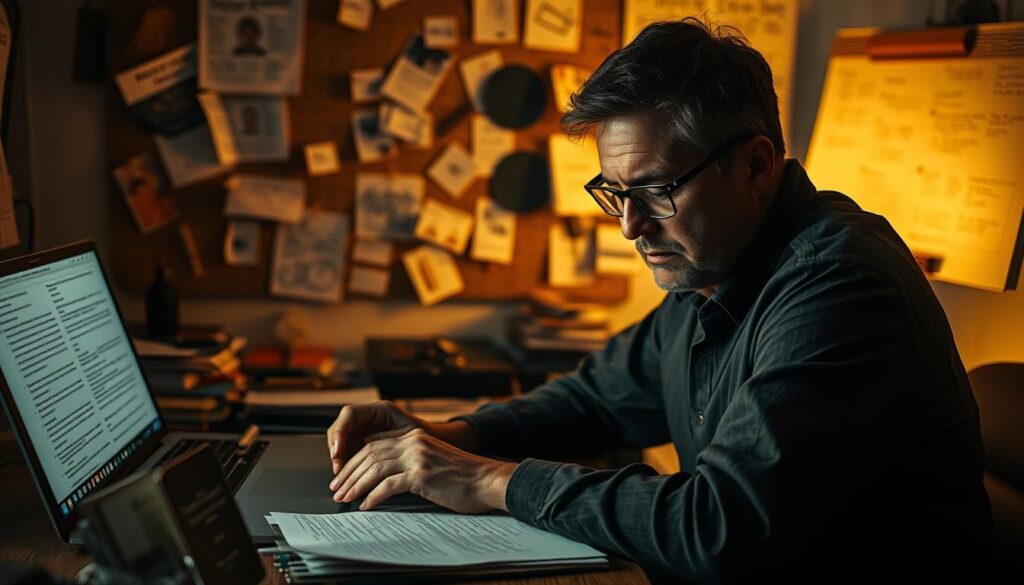 A bespectacled scenario writer, their face etched with concern, hunches over a desk cluttered with scribbled notes, crumpled papers, and a laptop screen flickering with lines of dialogue. The dim lighting casts long shadows, creating a palpable sense of the writer's mental strain. In the background, a corkboard overflows with ideas, character sketches, and plot outlines, a visual representation of the writer's multifaceted creative process. The atmosphere is one of intense focus and the weight of responsibility, as the writer grapples with the complexities of crafting a compelling narrative that resonates with an audience.