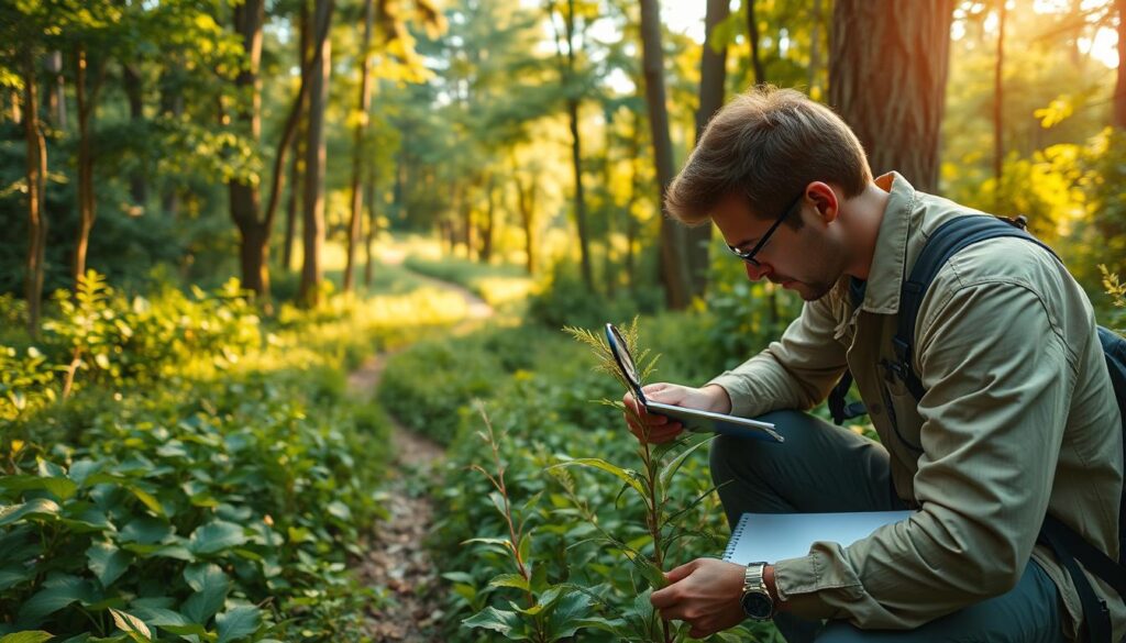 A botanist conducting fieldwork in a lush, verdant forest. The foreground features the botanist carefully examining a plant specimen, crouched down with a magnifying glass and notebook in hand. The middle ground showcases the dense, diverse foliage and towering trees surrounding the botanist, dappled with warm, golden sunlight filtering through the canopy. In the background, a winding trail leads deeper into the tranquil, serene wilderness, hinting at the expansive scope of the botanist's explorations. The scene conveys a sense of focused study, scientific curiosity, and the beauty of the natural world.