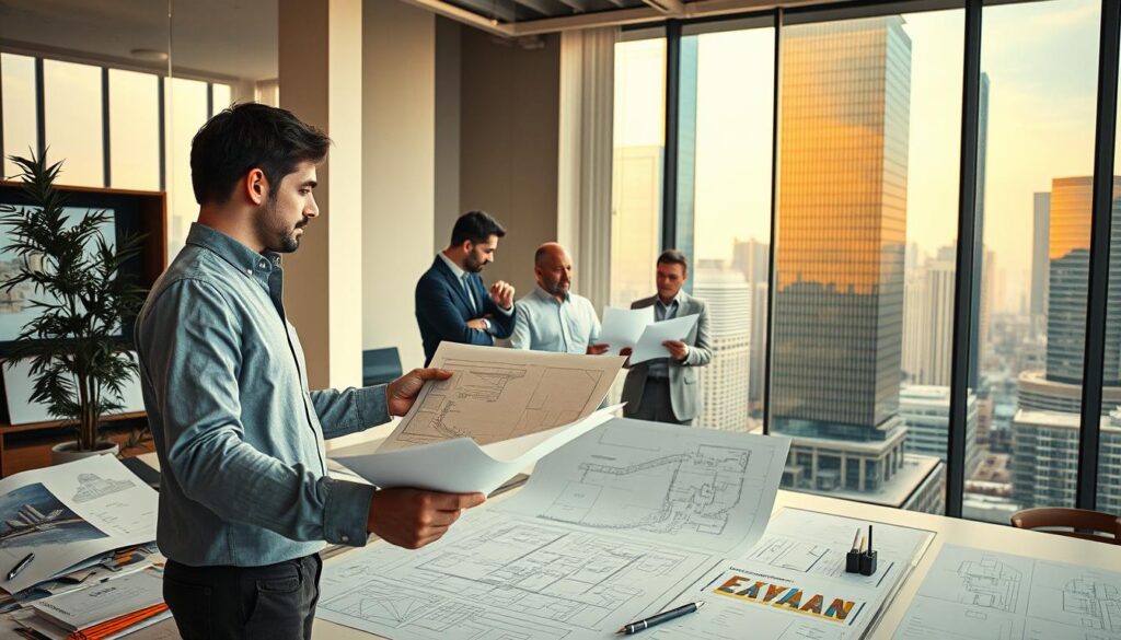 A breathtaking architectural career path showcasing the diverse trajectories of a modern architect. In the foreground, a young designer confidently presents their visionary blueprints, surrounded by the tools of the trade - sleek drafting tables, 3D modeling software, and a clutter of sketches. In the middle ground, an established architect meticulously reviews construction plans, collaborating with a team of engineers and project managers. In the background, a seasoned principal oversees the completion of an awe-inspiring skyscraper, its glass facade reflecting the urban skyline. Warm lighting bathes the scene, evoking a sense of professionalism, innovation, and the fulfillment of architectural ambition.