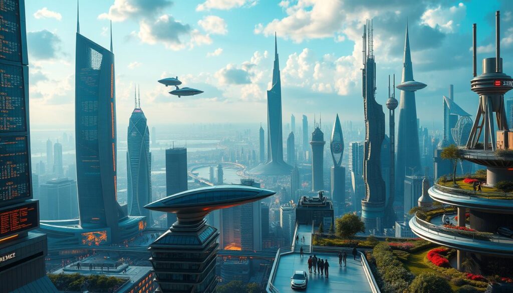 A breathtaking futuristic cityscape set in the year 2050, showcasing the latest trends in architecture, technology, and lifestyle. In the foreground, sleek skyscrapers adorned with holographic displays and renewable energy sources, casting a warm glow over the scene. In the middle ground, hovercraft and autonomous vehicles glide seamlessly through the air, while pedestrians traverse elevated walkways and lush rooftop gardens. The background is dominated by a sprawling metropolis, with towering spires and cascading structures that seem to defy gravity, all bathed in a vibrant, neon-tinged atmosphere. The image conveys a sense of awe and wonder, hinting at the boundless potential of the future for makeup artists and beyond.