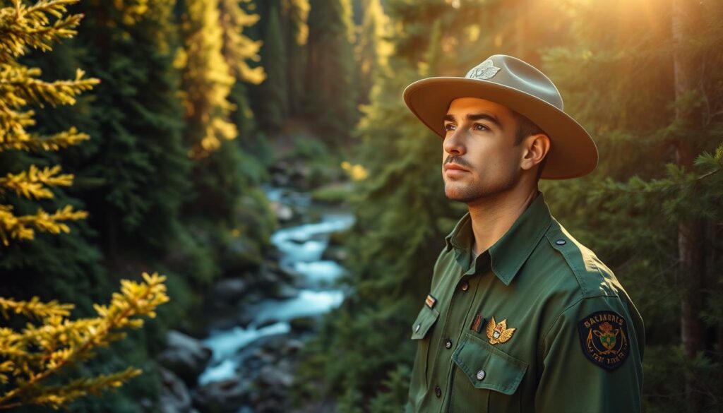 A breathtaking natural landscape with a forest ranger standing amidst towering evergreen trees, their uniform a vibrant green against the lush foliage. Sunlight filters through the canopy, casting a warm, golden glow over the scene. The ranger gazes intently, a look of wonder and purpose on their face, as they survey the pristine wilderness under their stewardship. In the distance, a crystal-clear stream meanders through the undergrowth, reflecting the tranquil serenity of the environment. The composition emphasizes the harmony between the ranger and the untamed beauty of the natural world, showcasing the fulfillment and sense of duty that comes with the role of a nature conservationist.