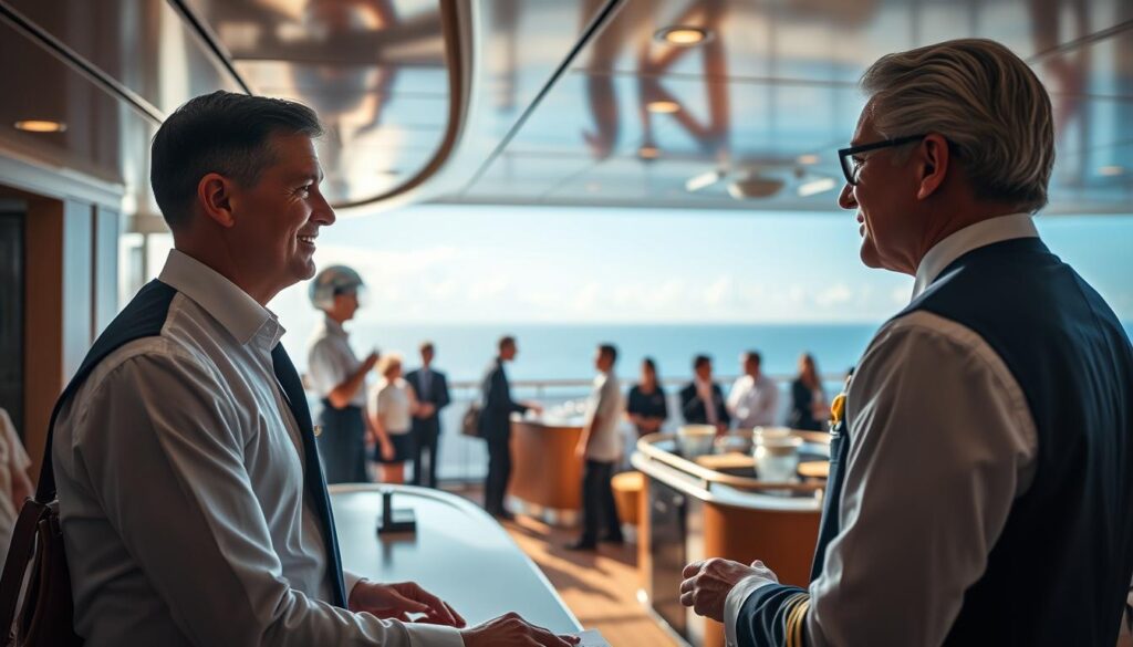 A breathtaking scene aboard a luxurious ocean liner, showcasing the essential skills required of a skilled cruise ship purser. In the foreground, a well-dressed purser attends to the needs of passengers, their polished uniform and warm demeanor exuding professionalism. In the middle ground, the purser coordinates with crew members, managing logistical operations with efficiency and poise. The background reveals the grand, sweeping vistas of the open sea, the ship's elegant decor and amenities creating an atmosphere of refined elegance. Soft, warm lighting bathes the scene, complementing the purser's attentive and hospitable presence. This image encapsulates the multifaceted nature of the cruise ship purser's role, highlighting the blend of customer service, administrative prowess, and nautical expertise required to excel in this dynamic career.