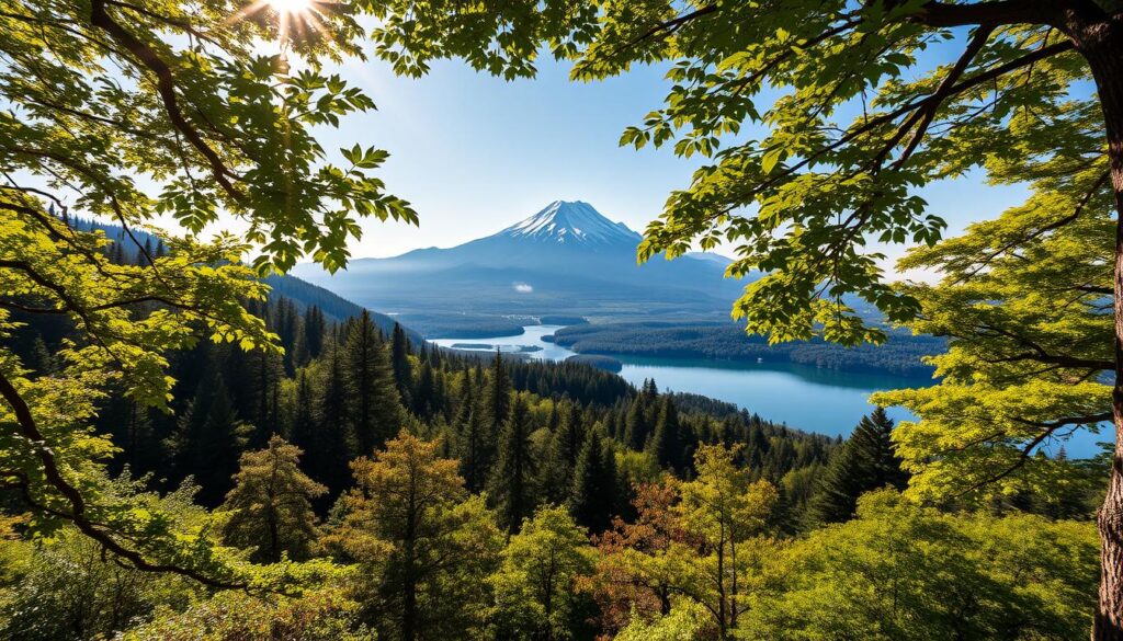 A breathtaking vista of a pristine national park in Japan, showcasing the natural beauty and tranquility of the region. The foreground features a lush, verdant forest canopy, with sunbeams filtering through the leaves and casting a warm, golden glow. In the middle ground, a majestic mountain range rises, its snow-capped peaks piercing the azure sky. In the background, a serene lake reflects the surrounding landscape, creating a mirror-like surface that adds depth and serenity to the scene. The overall mood is one of peaceful contemplation, inviting the viewer to immerse themselves in the natural wonder of this protected wilderness. The lighting is soft and diffused, creating a sense of timelessness and harmony. This image perfectly captures the essence of the "インタープリターの活動場所" section, showcasing the breathtaking natural environments where interpreters often work.