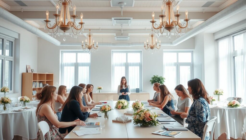 A bright, airy classroom at a vocational school, students gathered around a long table learning the intricate details of wedding planning. The instructor, dressed professionally, demonstrates a floral arrangement while students take notes and discuss ideas. Large windows let in natural light, creating a warm, welcoming atmosphere. Elegant chandeliers hang overhead, casting a soft glow. The room is filled with wedding-themed decor - table settings, fabric swatches, bridal magazines. The students, a mix of young and mature adults, are engaged and enthusiastic, eager to master the skills needed to become professional wedding planners.