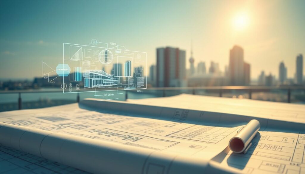 A bright, expansive architectural blueprint featuring a comprehensive set of skills essential for a skilled architect. In the foreground, detailed technical drawings showcase expertise in design, structural engineering, and project management. In the middle ground, a hologram-like projection displays specialized software tools and computer-aided design capabilities. The background depicts a serene, modernist cityscape, hinting at the architect's ability to envision and shape the built environment. Warm, natural lighting imbues the scene with a sense of professionalism and technical mastery. The overall composition conveys the multifaceted skillset required to excel as a distinguished architect.