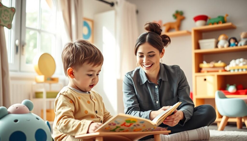 A bright, inviting nursery scene with a nanny attending to a young child. The nanny, dressed in a professional yet approachable outfit, engages the child in educational activities like reading, playing with toys, and teaching basic skills. The room is filled with natural light, soft colors, and age-appropriate décor, creating a warm, nurturing atmosphere. The nanny's expression conveys patience, care, and genuine interest in the child's well-being and development. The composition highlights the nanny's interaction with the child, emphasizing the nanny's role in providing a safe, stimulating, and enriching environment for the child.