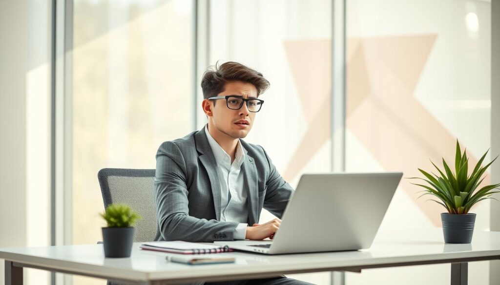 A bright, modern office setting with a young professional, dressed in business attire, sitting at a desk and looking contemplative. Soft, natural lighting filters in through large windows, creating a warm and inviting atmosphere. The desk is neatly organized, with a laptop, notepad, and a potted plant, conveying a sense of preparedness. The person's expression reflects a mix of nervousness and determination, as they mentally prepare for their first day at a new job. The background features abstract geometric shapes and patterns, symbolizing the challenges and opportunities of the transition.