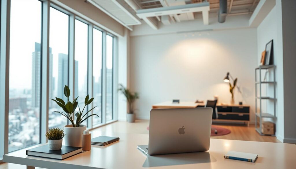 A bright, modern office space with clean lines and minimalist decor. In the foreground, a desk with a laptop, a few carefully curated office supplies, and a potted plant. In the middle ground, a well-lit, airy room with large windows overlooking a bustling city skyline. The atmosphere is one of focus, productivity, and entrepreneurial spirit. The lighting is a mix of natural daylight and soft, indirect artificial illumination, creating a warm, professional ambiance. The camera angle is slightly elevated, giving a sense of opportunity and possibility. Overall, the image conveys the ideal conditions for a successful independent consultant or entrepreneur to thrive.